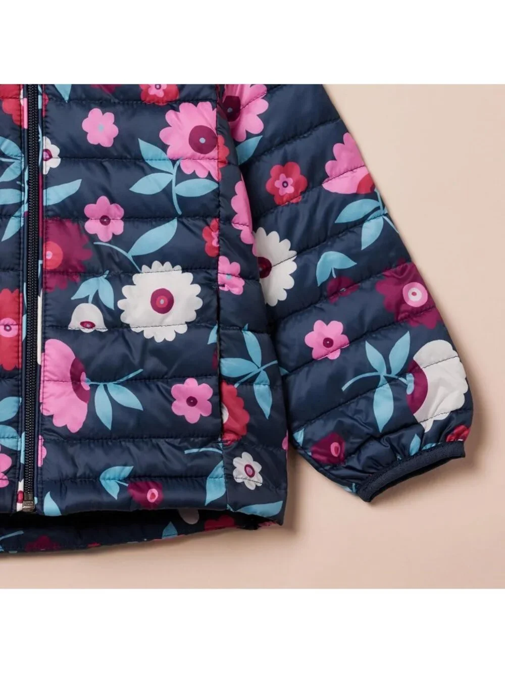 Kids Girls Navy Floral Nylon Lightweight Packable Hooded Stylish Puffer Jacket